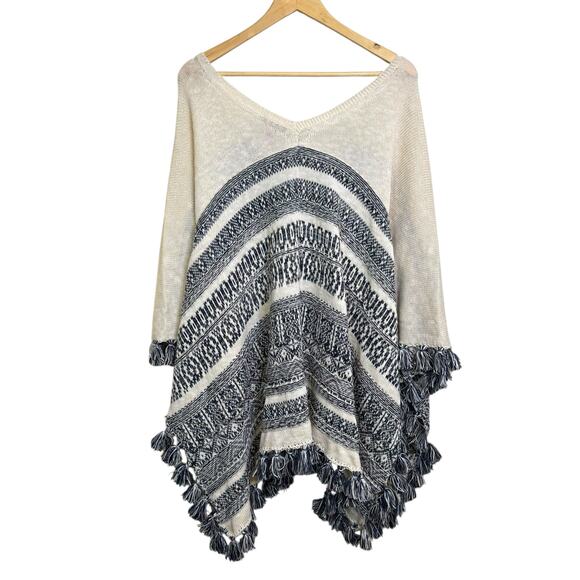 Calypso St. Barth Cotton Linen Cashmere Blend Cream Blue Gabena Poncho - Picture 4 of 7